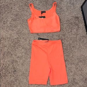 Neon Orange set biker shorts crop top